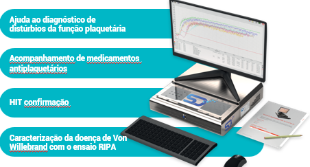 Imagem do novo Tromboagregômetro TA 4-V3 ou TA 8-V3 da Stago, que pode ser utilizado no: Diagnóstico de distúrbios da função plaquetária, Confirmação de HIT, Monitorização de medicamentos antiplaquetários e Identificação da doença de Von Willebrand através da Agregação Plaquetária Induzida por Ristocetina (RIPA).